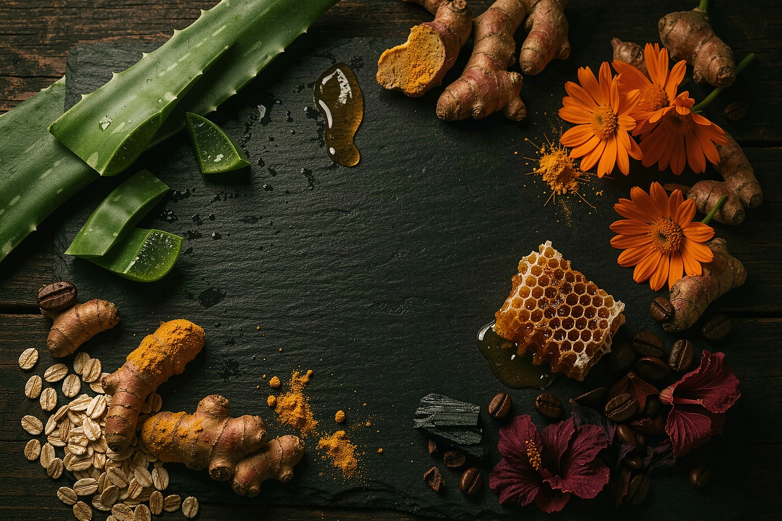 Ingredientes naturales: sábila, cúrcuma, caléndula, miel, café, cacao, avena